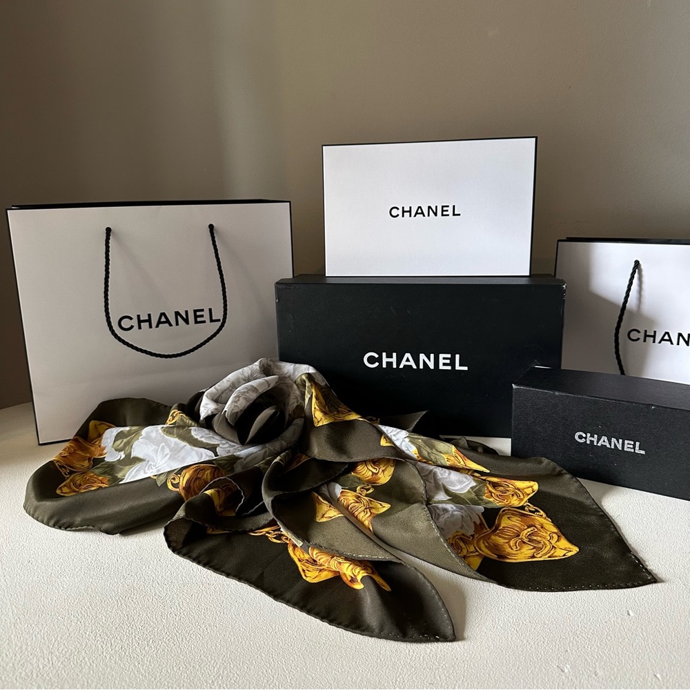 CHANEL - Silk Camellia Floral CC Logo Scarf